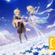 Aether and Lumine stand on a field of white flowers.